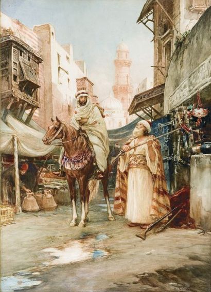 G. CARESI (XIXème siècle) Rue animée du Caire. Aquarelle, signée en bas à droite....