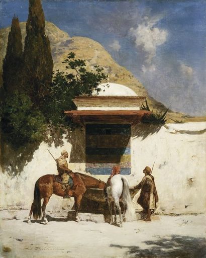 Paul DELAMAIN (1821 - 1881) La halte à la fontaine. Huile sur toile, signée en bas...