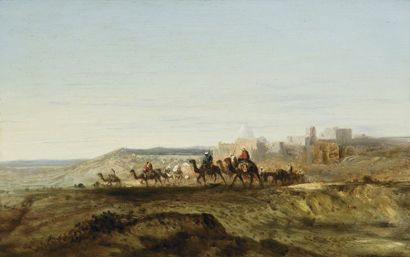 Jules NOEL (1810-1885) La traversée de la caravane. Huile sur panneau, signée en...