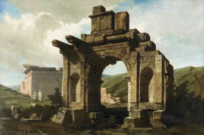 Adrien DAUZATS (1804-1868) « l'Arc de triomphe de Djimilah, 1845 » Huile sur toile,...