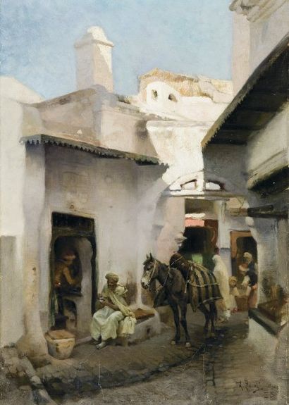 Armand POINT (1860-1932) Scène de rue à Alger. Huile sur toile, signée en bas à droite,...