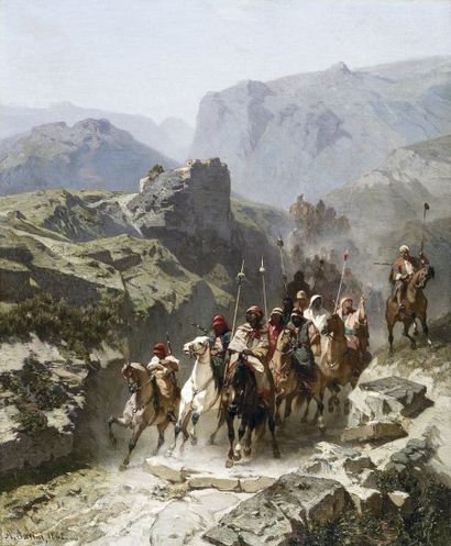 Alberto PASINI (1826-1899) Cavaliers arabes dans les montagnes. Huile sur toile,...