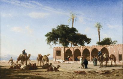 Pierre Narcisse BERCHERE (1819-1891) Le caravansérail près de Siout. Huile sur panneau,...