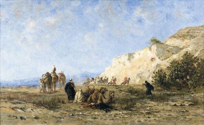Pierre Narcisse BERCHERE (1819-1891) Campement arabe aux pieds des rochers. Huile...