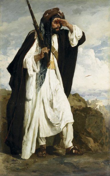 Léopold Carl MULLER (1834-1892) Le chasseur arabe à l'affût. Huile sur toile, signée...