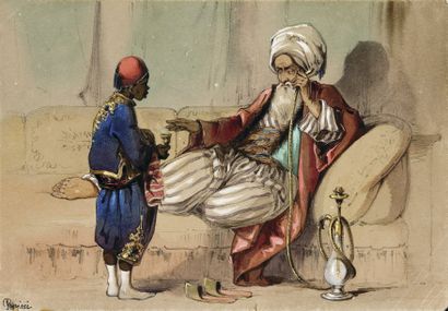 Amadéo PREZIOSI (1816-1882) Le Sultan au chibouk. Aquarelle, signée en bas à gauche....