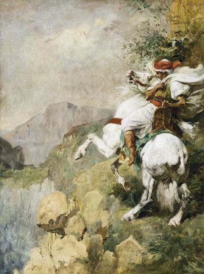 Eugène FROMENTIN (1820-1876) Cavalier dans la montagne. Huile sur toile, monogrammée...