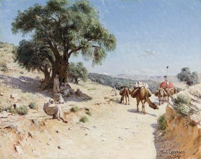 Paul LAZERGES (1845-1902) Le repos au pied de l'arbre. Huile sur toile signée en...