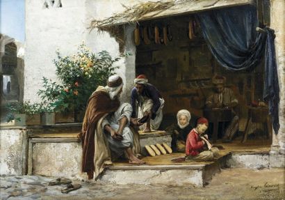 Eugène GIRARDET (1853-1907) Le marchand de babouches. Huile sur toile, signée en...