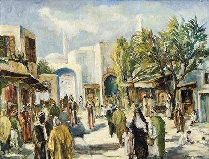 Ecole Orientaliste (XXème siècle) Rue animée en Tunisie. Huile sur panneau d'isorel,...