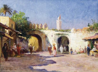 Eugène DELAHOGUE (1867-1935) Porte et souk dans le vieux Tanger. Huile sur carton,...