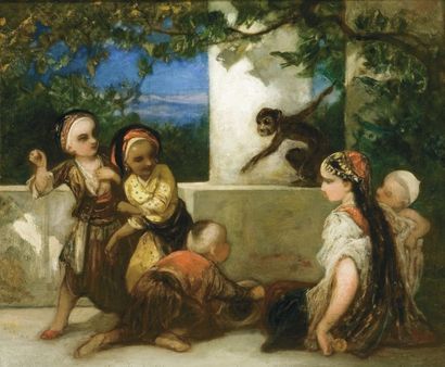 Louis DEVEDEUX (1820-1874) Jeunes enfants turcs jouant sur une terrasse. Huile sur...