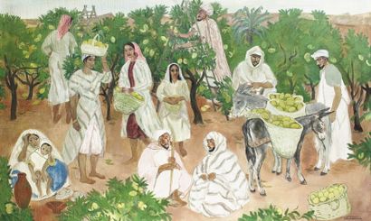 Louis VUILLERMOZ (né en 1923) La cueillette des citrons, Afrique du Nord. Huile sur...