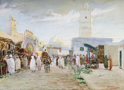 André CASABONNE ( XIXème - XXème siècle) Rue Saussier, Kairouan. Aquarelle, située...