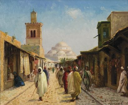 Vincent MANAGO (1880-1936) Vue de la rue Sidi Mahrez, Tunis. Huile sur panneau, signée...