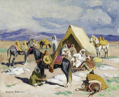 Edouard DOIGNEAU (1865-1954) Campement arabe. Huile sur toile, signée en bas à gauche....