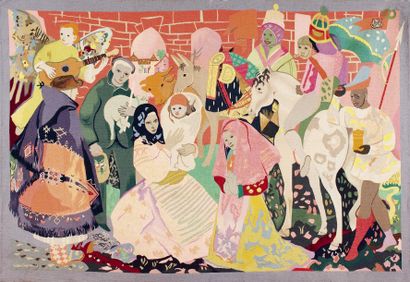 Rare tapisserie d'après Roger BEZOMBES (1913 - 1994) La Fête des Rois ou le berger...
