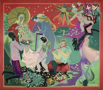 Rare tapisserie d'après Roger BEZOMBES (1913-1994) Les Offrandes du Maure à la Promise....