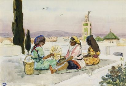 Paul LISSAC (1878-1955) Marocains sur la terrasse, Marrakech. Aquarelle, signée du...