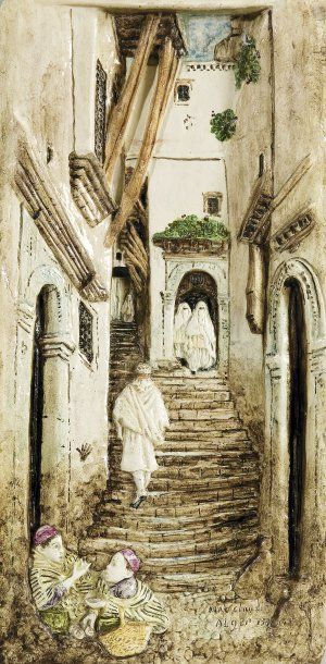 Max CLAUDET (1840-1893) «Ruelle animée dans la Casbah d'Alger». Rare terre cuite...