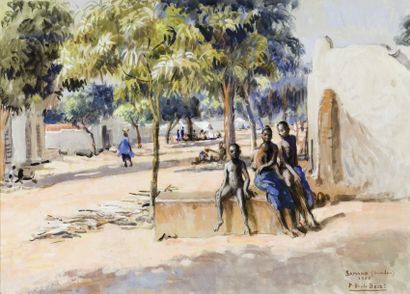 Paul-Émile BECAT (1885-1960) Rue animée à Bamako. Gouache, située « Bamako Soudan...