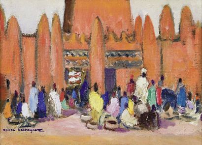 Pierre CASTAGNEZ (1898-1951) Le marché de Bamako. Huile sur carton, signée en bas...