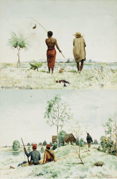 Stephen RABOTOVAHO (XIXème - XXème siècle) Scène de pêche - La halte au bord de l'étang....
