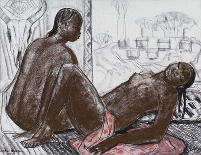 André MAIRE (1898-1984) Deux jeunes malgaches. Pastel et crayon, signé et daté «...