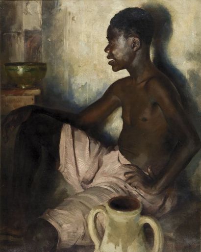 Max MOREAU (1902-1992) Le jeune africain souriant. Huile sur toile signée en bas...