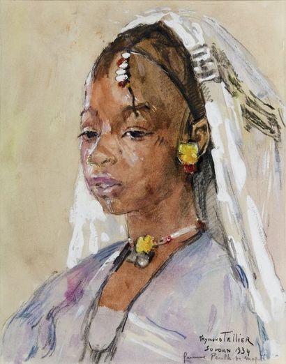 Raymond TELLIER (1897-1985) Femme Peulh de Mopti. Gouache, titrée, située « Soudan...
