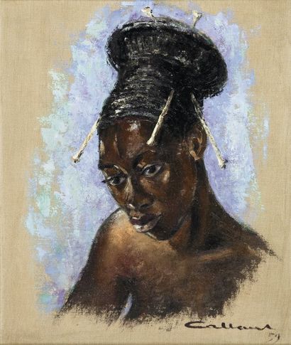 Jacques CALLAERT (1921-1995) Ecole belge. Portrait de femme Mangbetu. Huile sur toile...