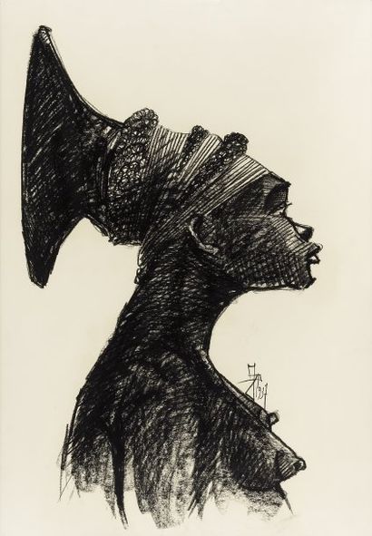 Jean POULAIN (1884-1967) Femme mangbetu. Dessin au fusain, signé du monogramme et...