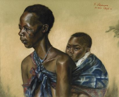 E. VANOS (XXème siècle) Jeune mère et son enfant, Congo. Pastel, signé en haut à...