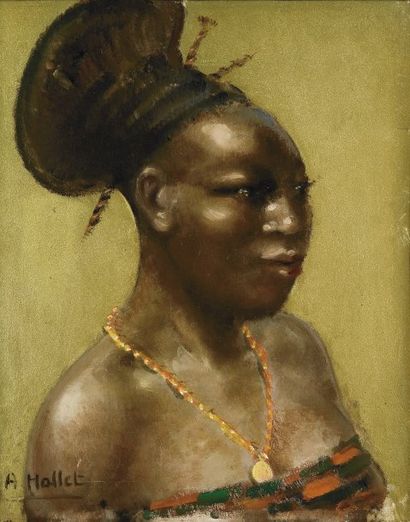 André HALLET (1890-1959) Jeune femme mangbetou au collier. Huile sur carton, à fond...