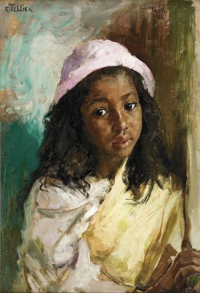 Raymond TELLIER (1897-1985) Jeune malgache au bonnet rose. Huile sur panneau, signée...