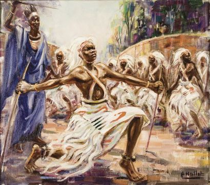 André HALLET (1890 - 1959) Ecole belge. Danseurs Tutsi. Huile sur toile, signée en...