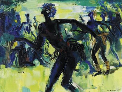 Paul DAXHELET (1905-1993) Danseurs tutsis. Huile sur toile, signée en bas à droite....