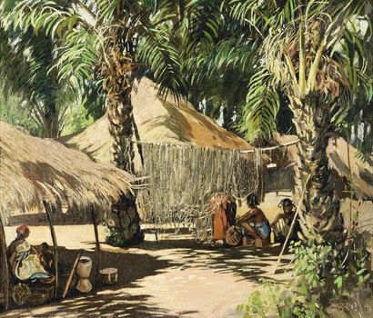Guilherme d'OLIVEIRA MARQUES (1887-?) Scène de village africain. Huile sur toile,...