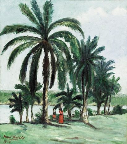Henri KERELS (1896-1956) Ecole belge. Africaines à la rivière. Huile sur toile, signée...