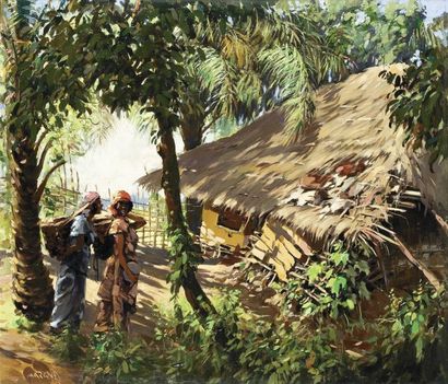 Guilherme d'OLIVEIRA MARQUES (1887-?) Africains devant une case. Huile sur toile,...