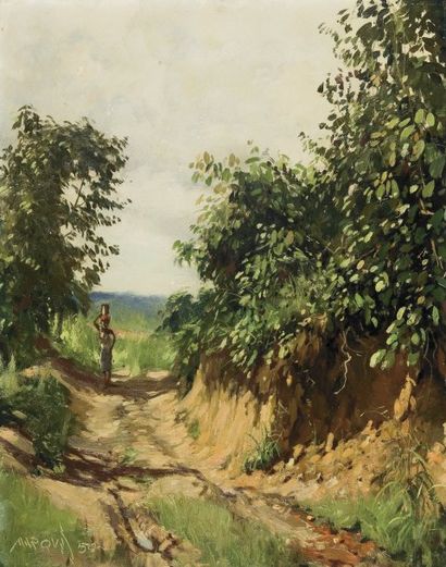 Guilherme d'OLIVEIRA MARQUES (1887-?) Porteuse d'eau sur le chemin. Huile sur panneau,...