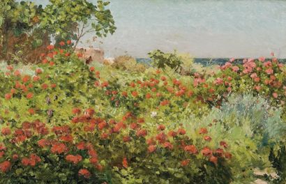 Eugène DESHAYES (1862-1939) Jardin d'Alger. Huile sur toile, signée en bas à droite....