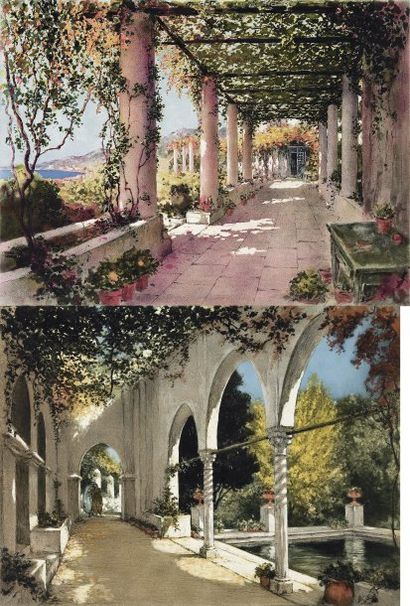 William Adolphe LAMBRECHT (1876 - 1940 ) Jardin arabe - La pergola. Deux lithographies...