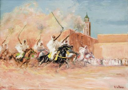 Henri LE MAIRE (Début XXème siècle) Fantasia devant les remparts de Meknès. Huile...