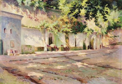 Gustave LEMAITRE (1862-1920 ) Place et fontaine à Alger. Huile sur toile, signée...