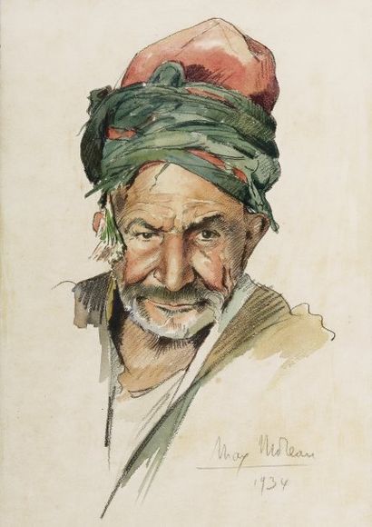 Max MOREAU (1902-1992) Portrait de vieil homme. Crayon, gouache et aquarelle, signée...
