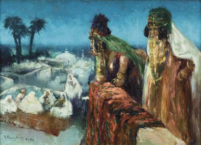 Gustave FLASCHOEN (1868-1940) Femmes Ouled Nail sur les terrasses de Biskra. Huile...