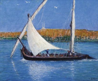 Marie Gabriel BIESSY (1854 - 1935) Felouque sur le Nil. Huile sur toile, signée en...