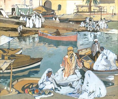 Léon CAUVY (1874-1933) « Scène du Port d'Alger ». Technique mixte, signée en bas...