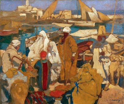 Léon CAUVY (1874-1933) « Scène animée sur le Port de l'Amirauté d'Alger ». Technique...